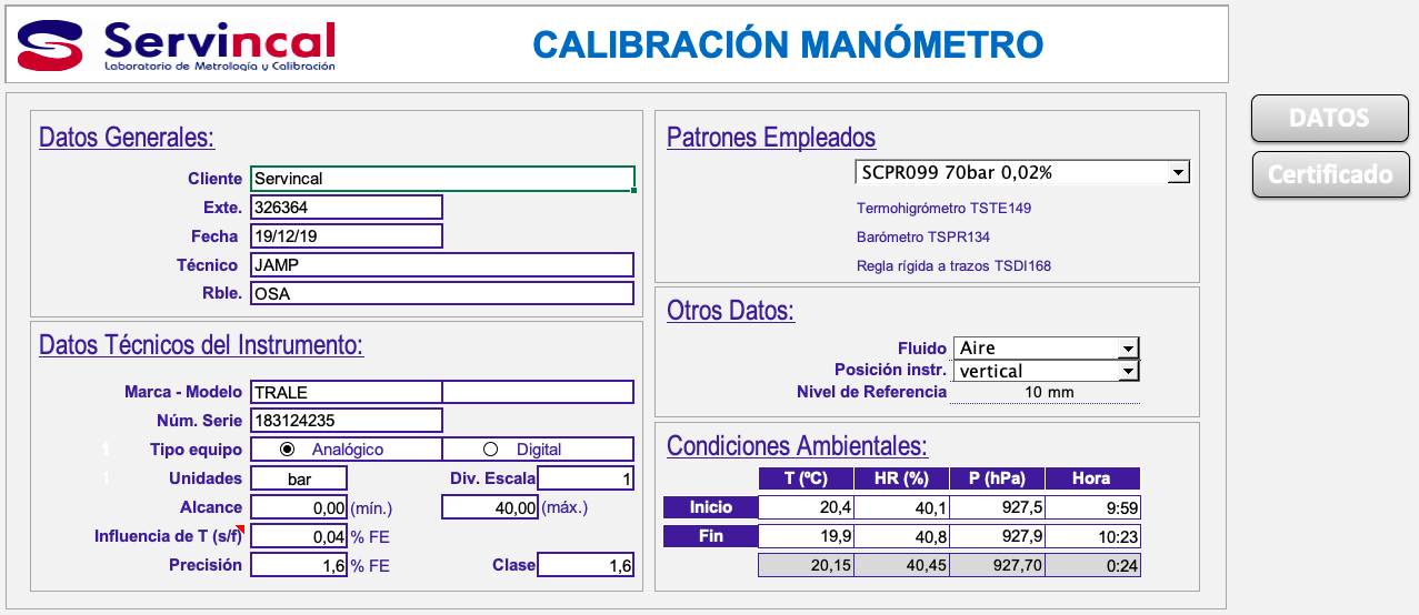 Calibración de manómetros
